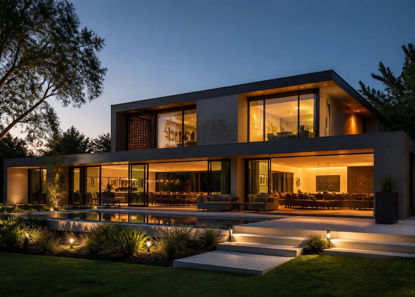 Modernes luxuriöses Einfamilienhaus in warmer Abendstimmung